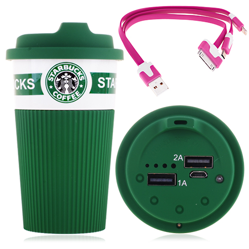 12000mAh Starbucks Cup Dual Output 3 in 1 Data Cable Portable Power Bank - Green